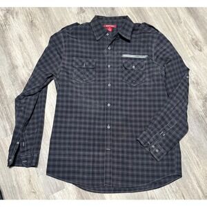 Montage Plaid Shirt Long Sleeve Button Up with Pockets Gray Black‎ XL